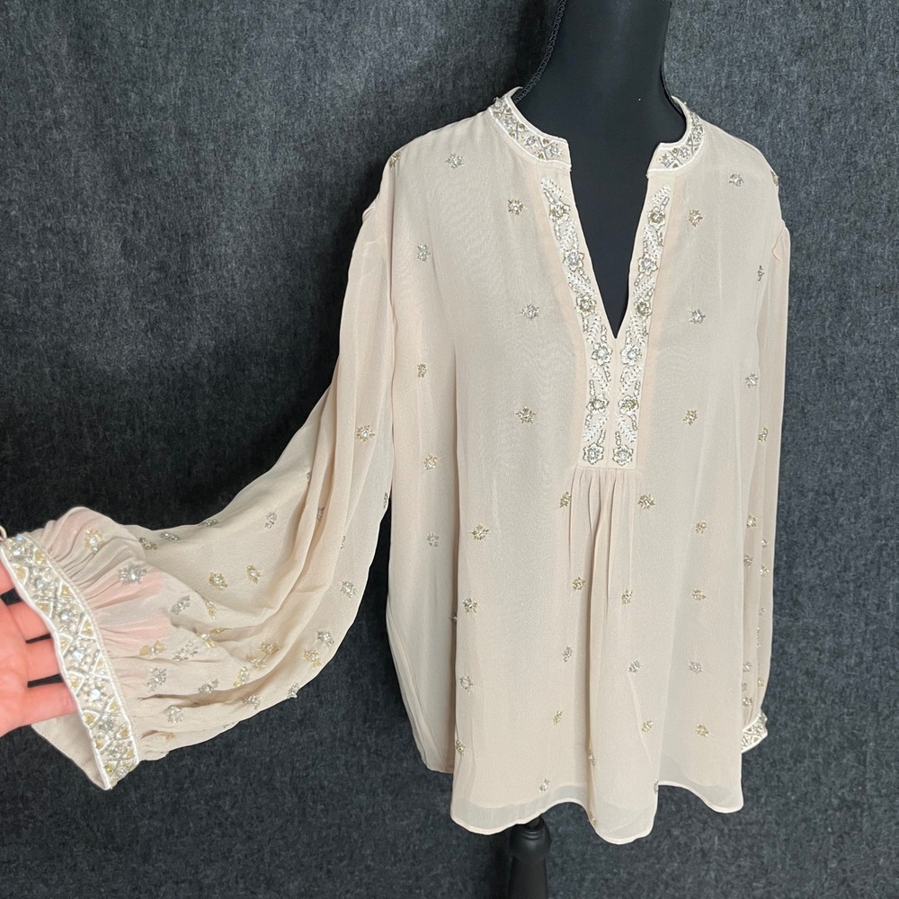 Chicos Beaded Boho Tunic Blouse Beige Champagne Sequin Top Size 3 XL 16/18 - Picture 2 of 8